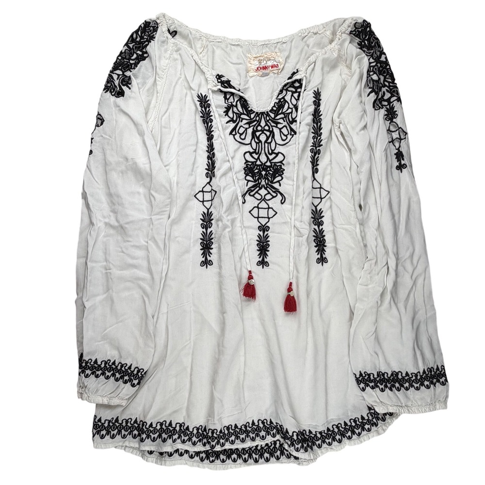Biya Johnny Was White Black Embroidered Tassel Peasant Blouse Top Womens Large